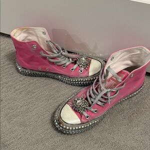 Free People Pink High-Top Sneakers with Silver Studded Platform & Jewel Brooch